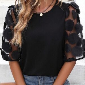 NWOT Elegant Black Applique Sheer Sleeve Top With Round Neck Size M/L